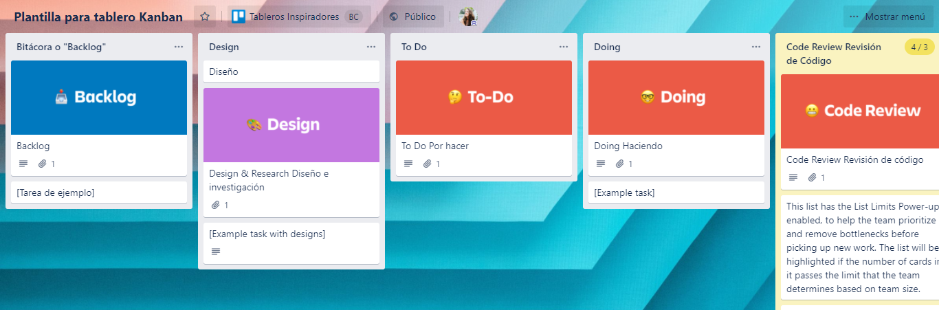 Tablero Kanban diseñado en Trello.